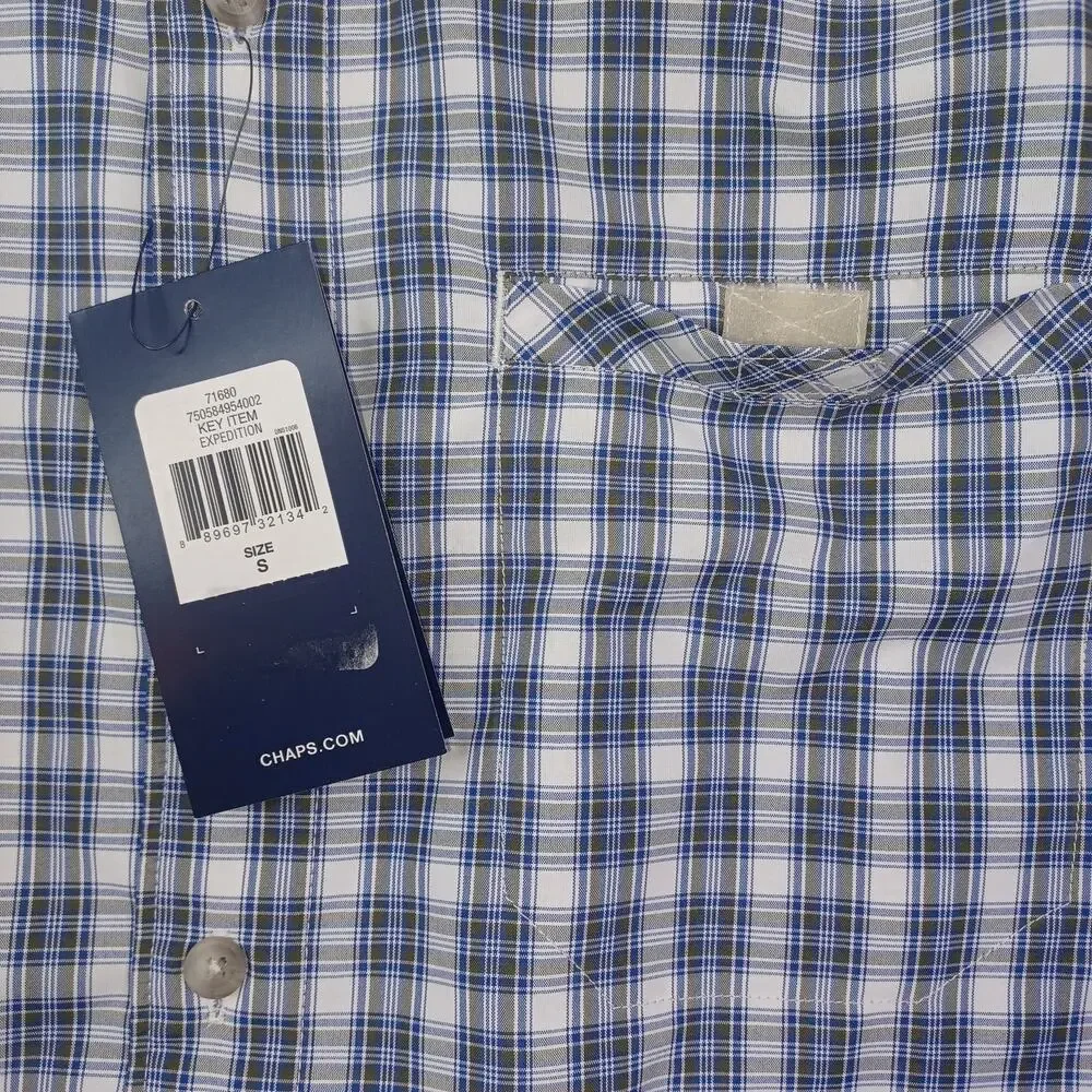 CHAPS Button Down Shirt Men S White Blue Plaid UPF 50 Quick Dry Short Sleeve NWT